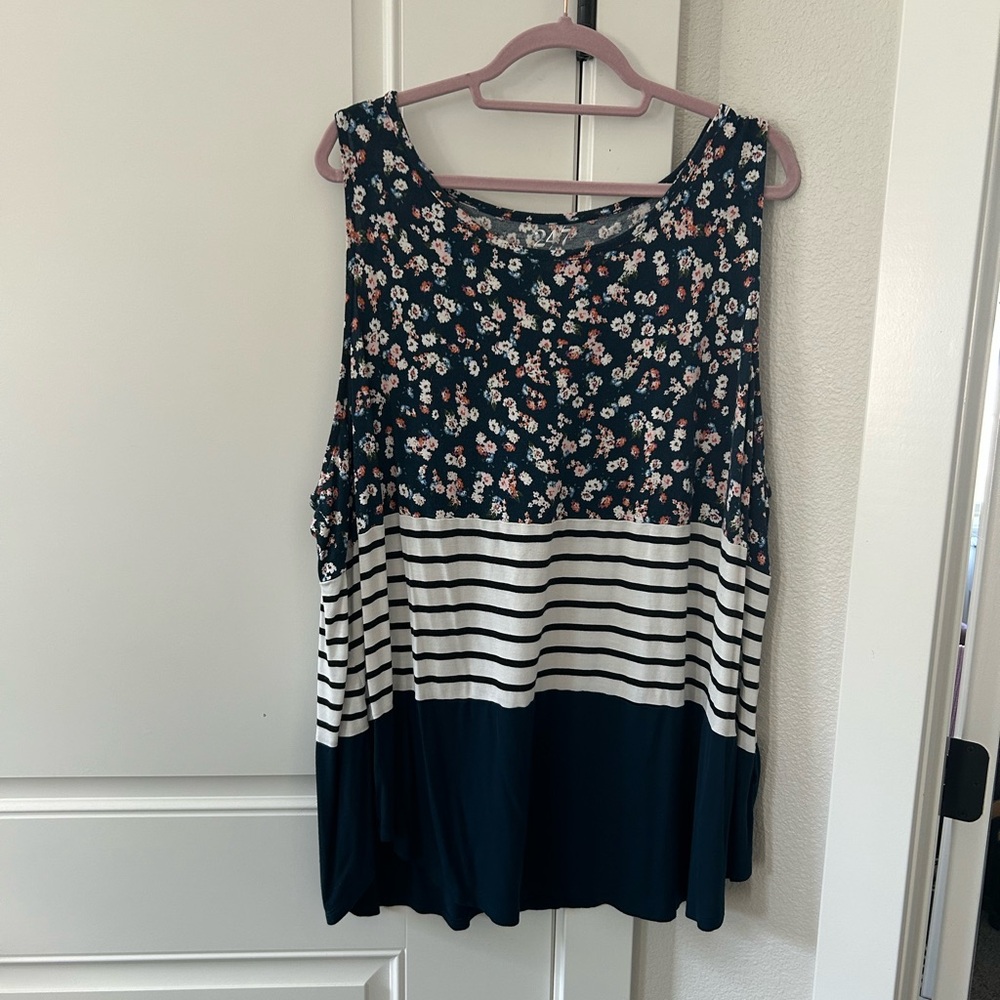 Floral and Striped Sleeveless Top - Navy and White